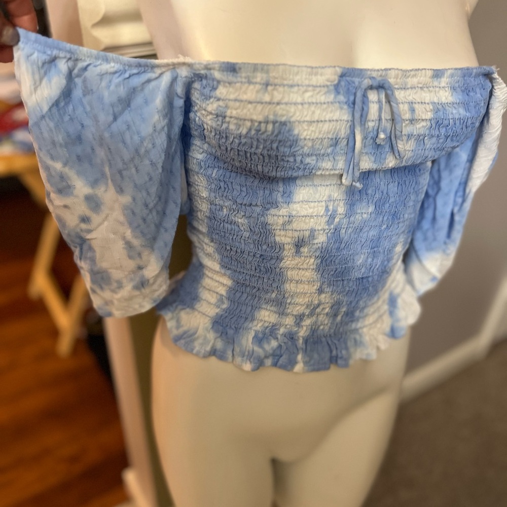Emory Park NWT tube top top on/off shoulder sleeves blue/white elastic,stretch L - Picture 7 of 16